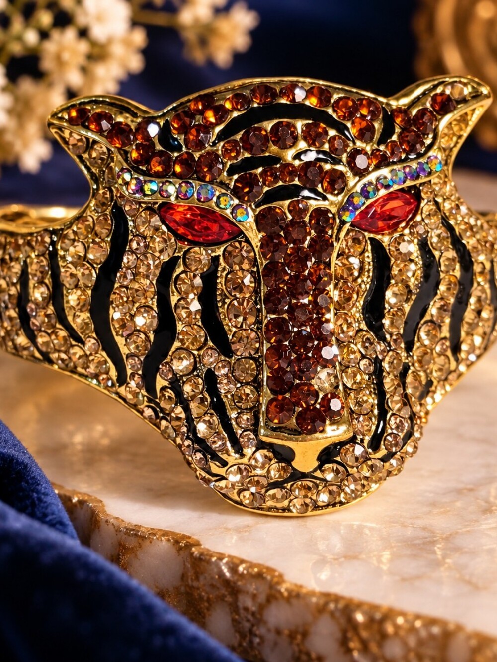 Vintage Gold-Tone Tiger Head Hinged Cuff Bracelet Rhinestone Statement Jewelry